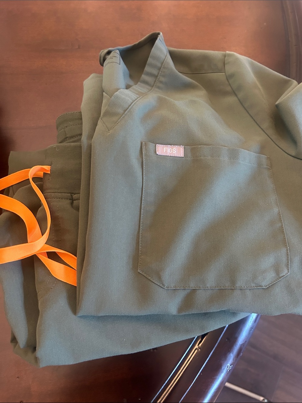 FIGS Olive Scrub Set with Bright Orange Drawstring
